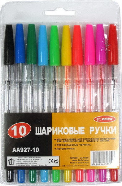 Набор ручек 10 цв. шар. Beifa "АА927W-10" 1,0 мм
